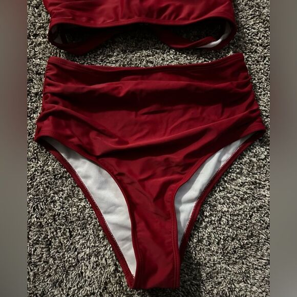 Halter Bikini 2 Piece High Waisted Red Wine Maroon Swimsuit (114) - Picture 4 of 4